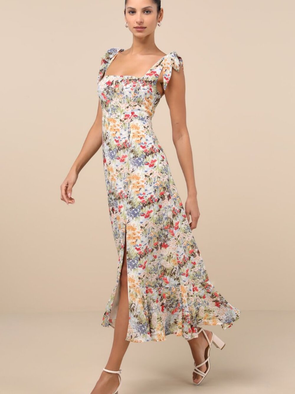 Lulus Summer Invite White Multi Floral Tie-Strap Tiered Midi Dress L